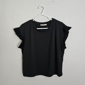 Marine Layer Cropped Black Ruffle Sleeve Top